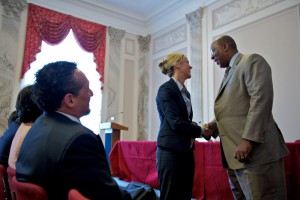 Cargill lobbyist Devry Boughner, talks to Ambassador Ron Kirk, United States Trade Representative who was on a panel to launch the U.S. Business Coalition for Trans-Pacific Partnership at a meeting in the Russell Senate Office Building on Capitol Hill in Washington, D.C., Wednesday, April 18, 2012. (Photo by Mary F. Calvert/Contract Photographer)